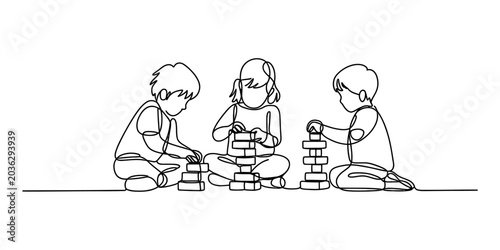 Three children playing with building blocks, continuous line drawing Vector, illustration
