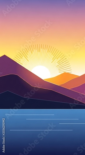 Golden sunrise over tranquil mountain lake.