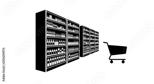 Shopping cart next to wine shelves.