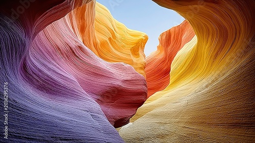 Flowing layered sandstone textures inside Antelope Canyon with pink orange to purple blue gradient, smooth curves and soft diffused light.