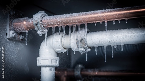 Frozen copper and PVC water pipes covered with frost and sharp icicles, a common winter plumbing emergency.