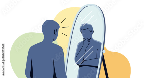 Foto Self Reflection and Identity Concept: Man Looks in Mirror with Introspection