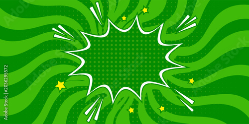Green Comic Zoom Background with Blank Speech Bubble. Pop Art Dynamic Sunburst Ray Backdrop with Halftone Dots and Stars for Cartoon, Sale Banner, Promo, and Advertising Graphic Design Template.