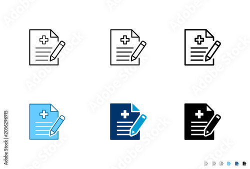 Medical prescription with pencil line and solid icon set for healthcare and medical concept