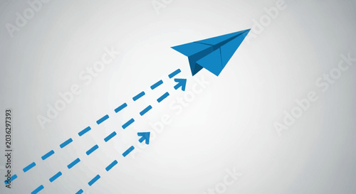 A blue paper airplane flying forward with dashed lines on a gray background