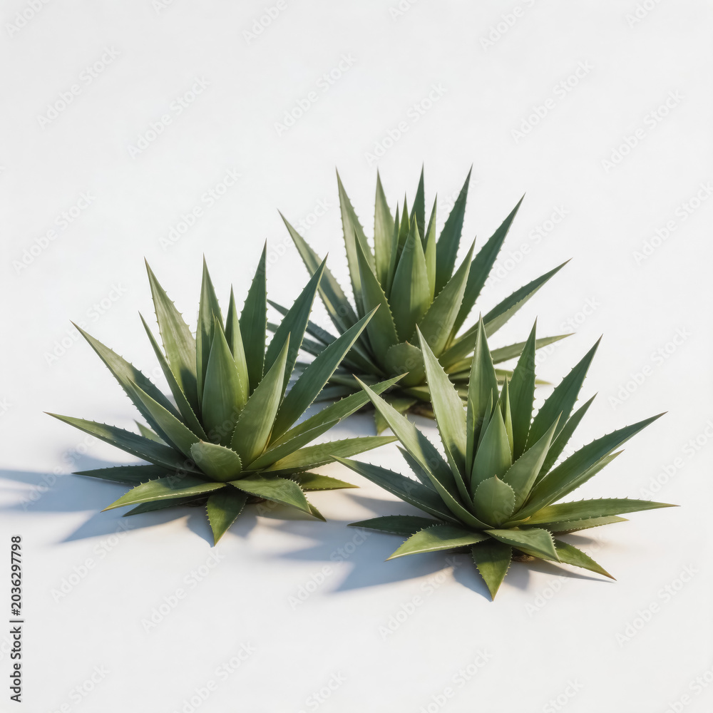 Fototapeta premium Three realistic rendered agave succulent plants displayed on a clean white isolated background, showing their pointed spiky green foliage.