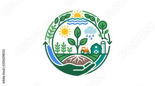 A circular illustration depicting sustainable farming and environmental growth