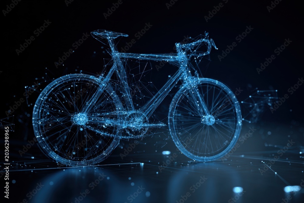 Fototapeta premium Futuristic digital rendering of a high-tech bicycle formed by interconnected glowing blue nodes and lines against a dark, reflective background