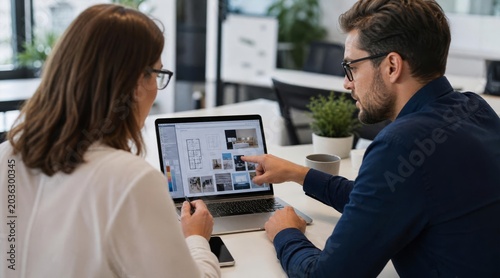 Colleagues collaborating on laptop in office