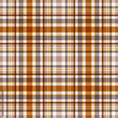 A vibrant seamless tartan plaid pattern featuring warm tones of orange, brown, beige, and white.