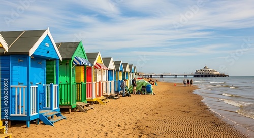 Colorful Beach Huts Lined Along Sandy Seaside with Pier in Distance