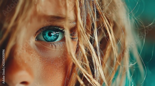 Commercial high detail human eye close-up with blue iris and tree reflection, black pupil, upper and lower lashes, skin texture, blonde hair on right.