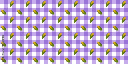 Seamless pattern of corn cobs on a purple gingham fabric background. Ideal for textiles, wallpaper, or kitchen-themed designs.