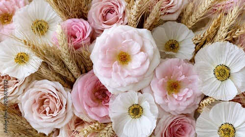 Flat lay pastel floral arrangement with roses anemones and wheat for wedding background and spring wallpaper design for table decor and celebration styling
