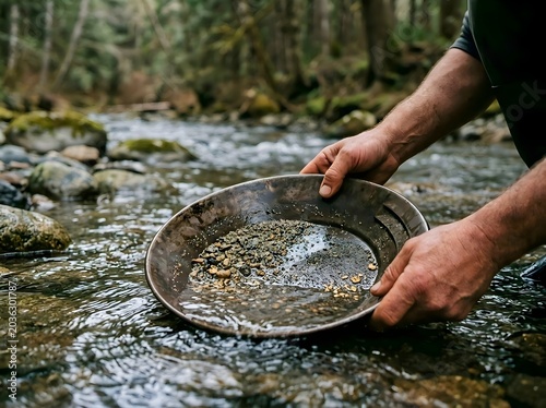 Gold Miner Washing Sediment in Pan Searching for Precious Gold Nuggets in River Stream