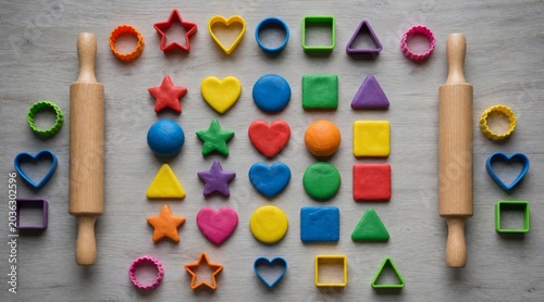 Colorful clay craft shapes on wooden table