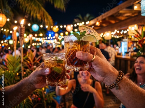 Close-up of hands raising rum glasses in a toast during a tropical night party, blurred festive lights, ultra quality, sharp, highly detailed image