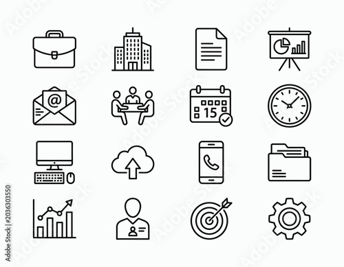 Collection of flat design business and technology icons on white background