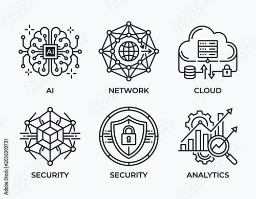 Digital Technology Concept Icons with AI Network Security and Cloud Analytics
