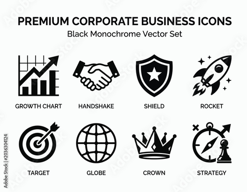 Modern Black Monochrome Business Icons Set in Flat Vector Style for Corporate Use
