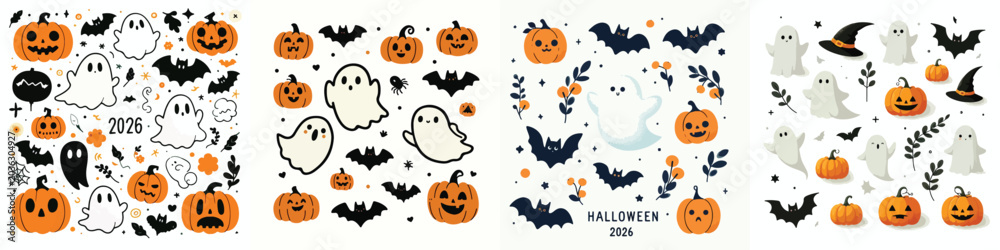 Fototapeta premium Cute and scary Halloween 2026 minimalist Vector Set on a simple white background