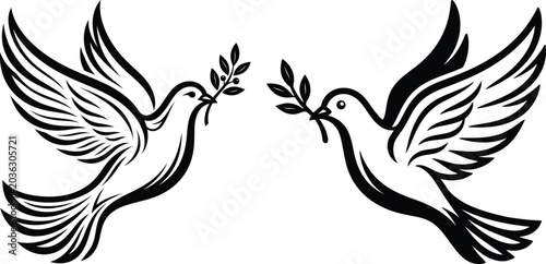 Photos Two flying doves carrying olive branches line art illustration with illustration