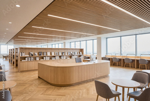 Bright Modern Learning Space With Bookshelves, Reading Tables and Soft Seating for Quiet Academic Themes