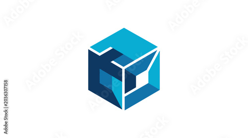 A blue geometric cube icon isolated on a clean white background