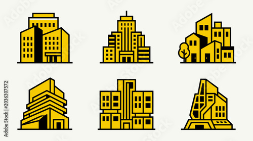 A collection of yellow flat vector icons depicting various modern city buildings