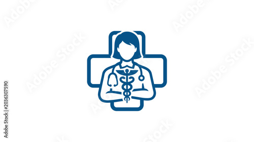 A blue icon showing a female medical professional with a staff symbol