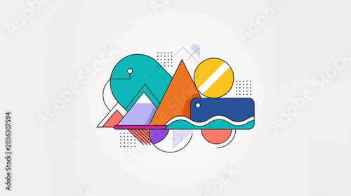 A colorful abstract composition featuring various geometric shapes and patterns