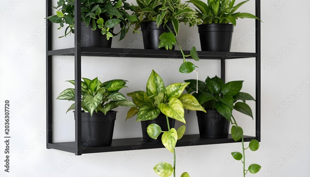 Fototapeta premium Modern black metal shelf displaying various green potted houseplants indoors