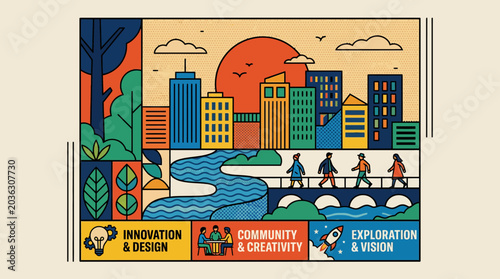 A colorful illustration of a modern city with people walking near a river