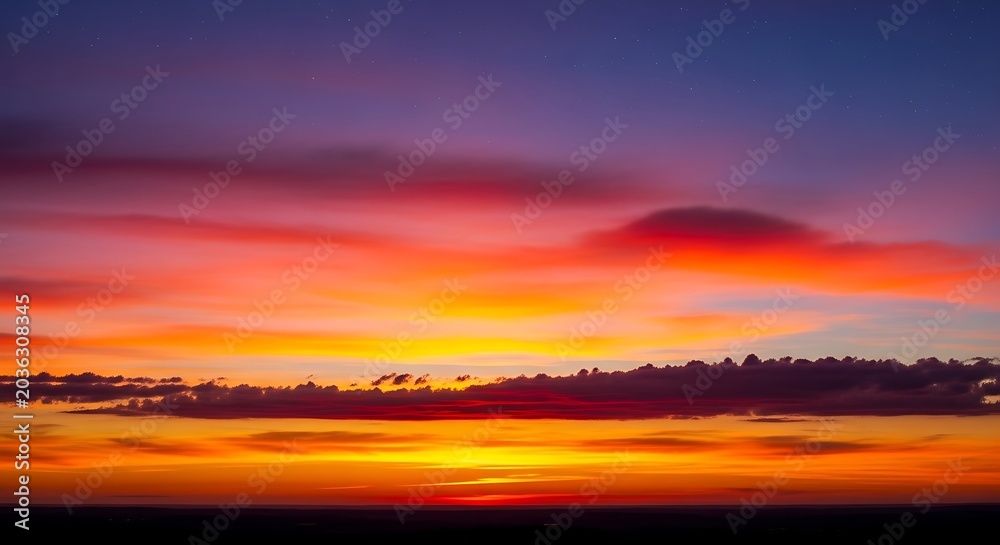 Fototapeta premium Vibrant Sunset Sky Glowing Over Dark Horizon with Colorful Clouds
