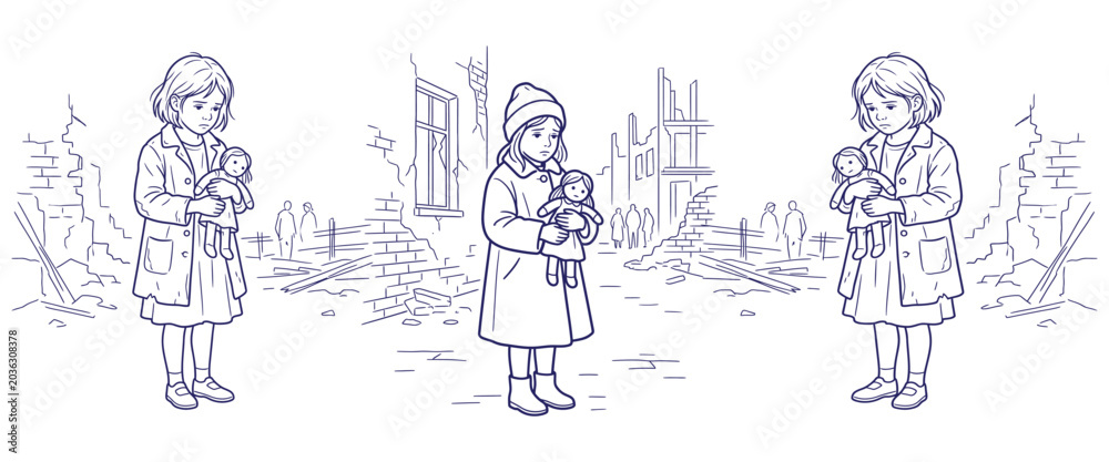 Obraz premium Sad child holding doll in destroyed city war ruins illustration outline.