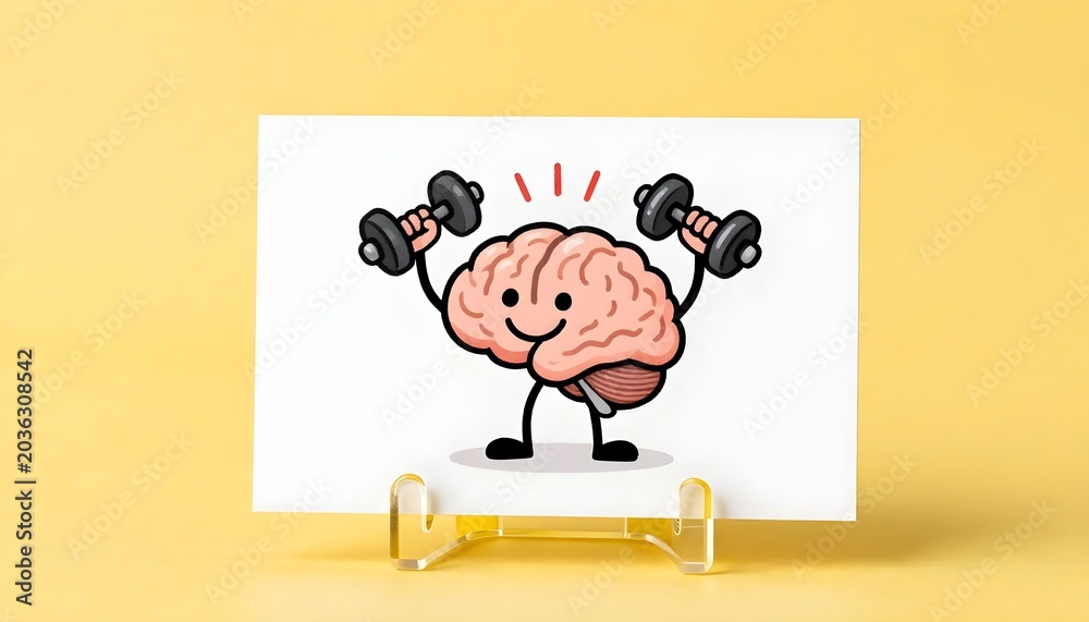 Fototapeta premium Cartoon brain character lifting dumbbells, symbolizing mental fitness and strength