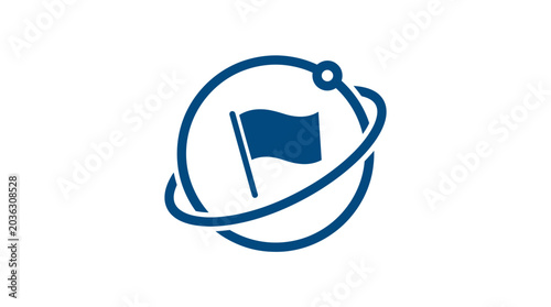 A blue icon showing a flag inside a circular orbit representing global navigation