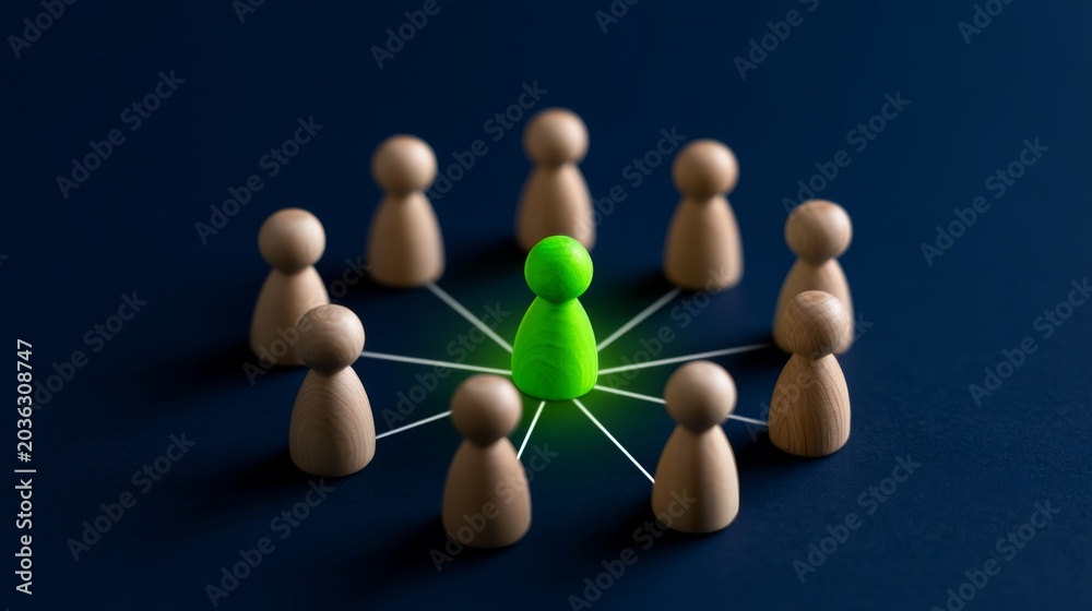 Obraz premium Wooden Figures Forming a Network with Glowing Center Piece on Dark Background, Symbolizing Connection, Collaboration, and Teamwork in a Modern Conceptual Design