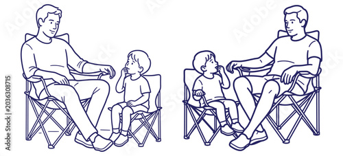 Adult man sitting on folding chair communicating with small child on beach chair in lighthearted scene of bonding and quality time in simple line work.