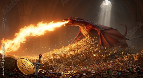 Red Fire Breathing Dragon Guarding Golden Treasure in Dark Cave