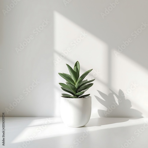 Minimalist lifestyle photograph of a green potted succulent on a white surface with soft window shadows and bright contemporary interior lighting.