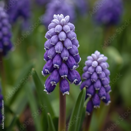 Macro photography of purple grape hyacinth (Muscari) flowers blooming in a lush green garden with soft bokeh background.