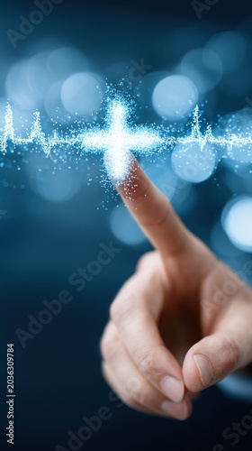 Human finger touching glowing pulse on digital interface