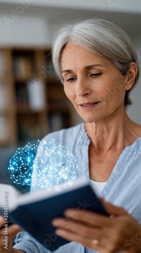 Senior woman reading book with holographic brain projection at home