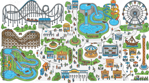 Amusement park map illustration with rides and attractions amusement vacation