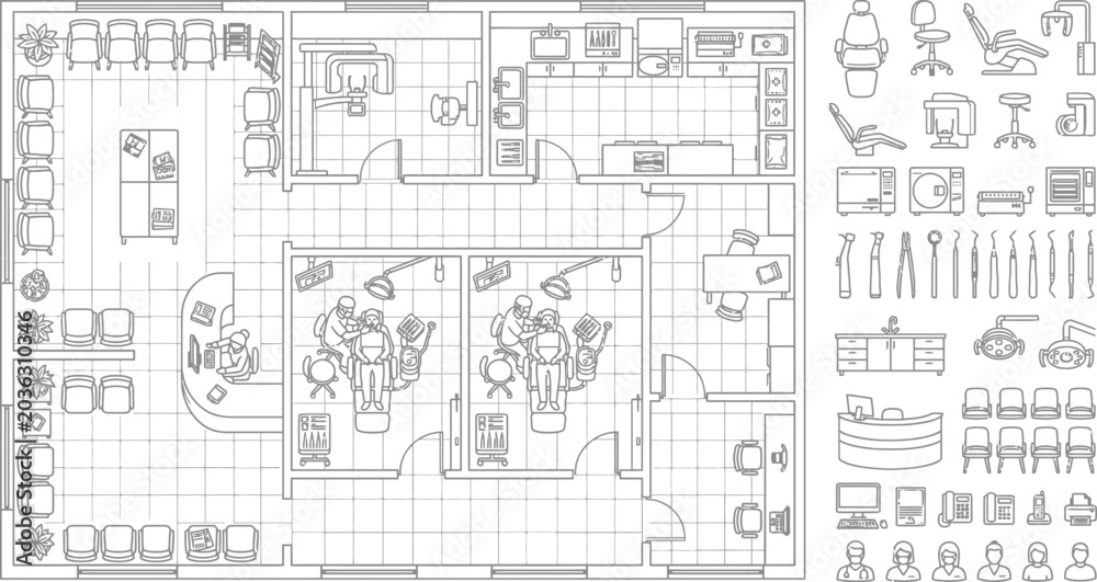 Obraz premium Architectural floor plan of a modern office space with furniture layout icons