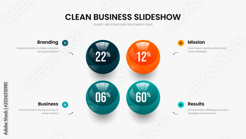 Creative Proposal 4 Element Infographic Slideshow Layout. Service Development Four Step Diagram Slide Template. Business Insight Frame Design Vector Illustration.