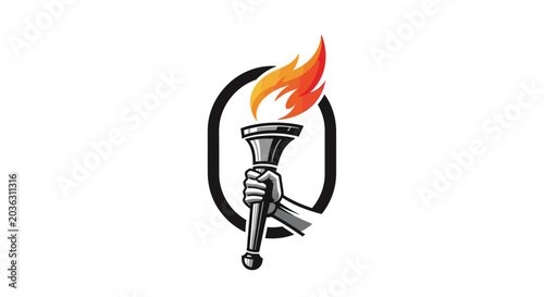Tableau sur toile Hand holding a flaming torch inside an oval frame
