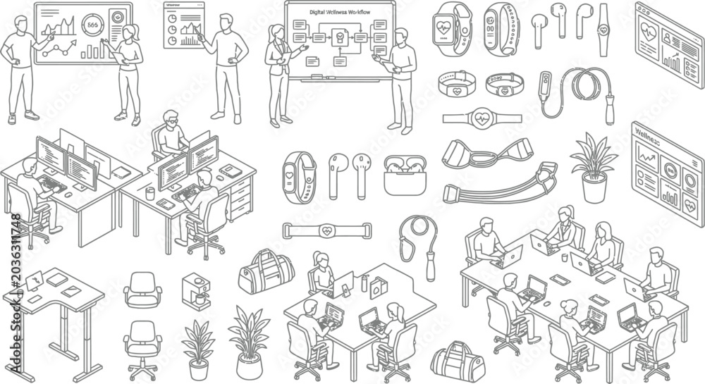 Obraz premium Modern office workplace isometric illustration and workspace elements