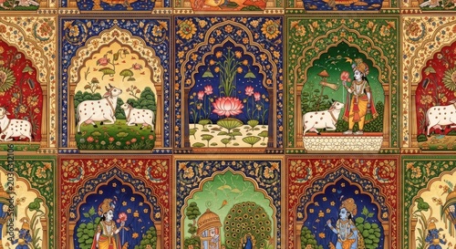 Vibrant Indian Miniature Paintings Depicting Religious Scenes and Deities.